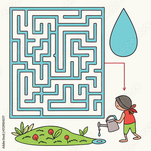 Colorful vector illustration of a maze puzzle shaped like a water drop. A child with a watering can solves the maze to bring water to flowers in the garden. Fun and educational design for kids’ activi