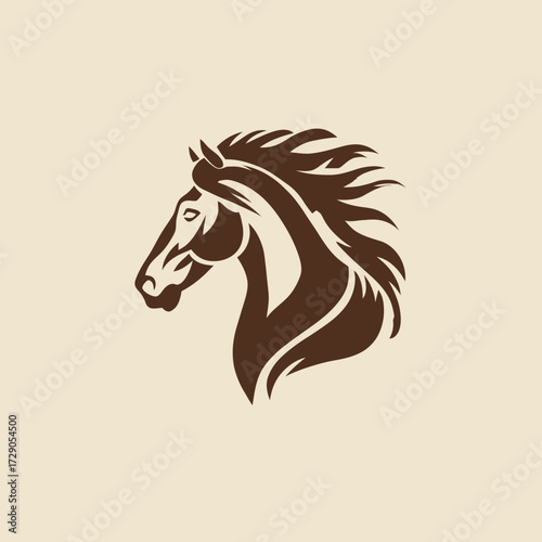 A brown silhouette of a horse's head with flowing mane against a light beige background