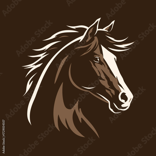 Brown horse head in stylized vector art with flowing mane on a brown background