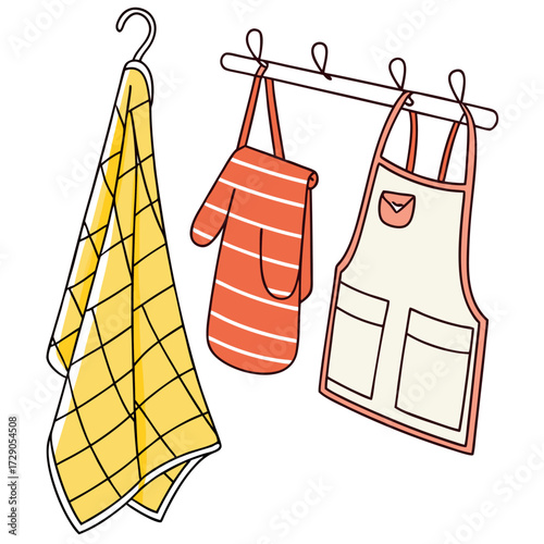 Colorful kitchen set with apron, oven mitt and towel hanging on hooks. Perfect for cooking, baking, recipe, restaurant, or kitchen design projects.