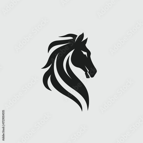 A minimalist design showing the profile of a horse's head with flowing mane, in black against a grey background