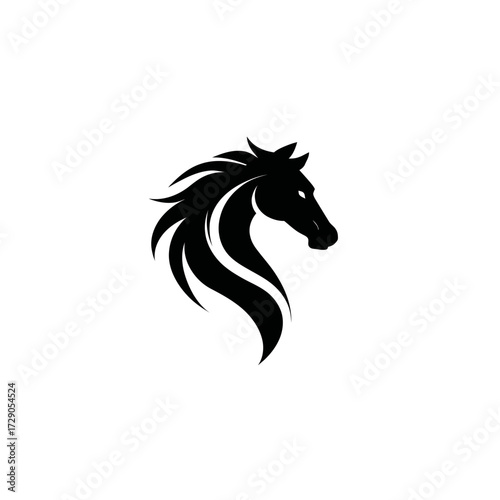 A stylized black horse head profile, mane flowing backward, on a clean white background