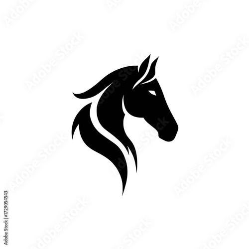 A black and white emblem featuring the side profile of a horse's head with stylized flowing mane