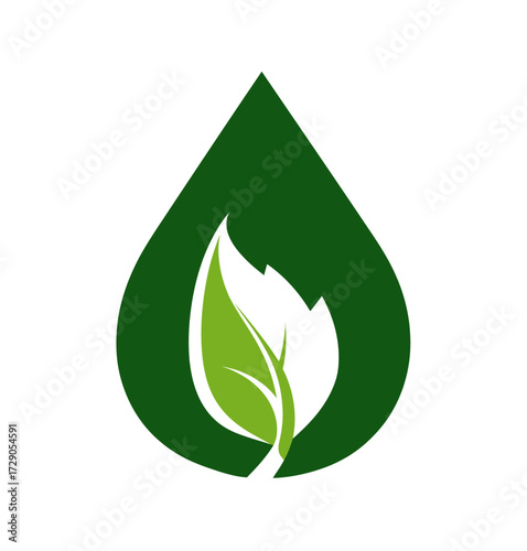 A stylized logo featuring a green teardrop shape encompassing a leaf, representing growth