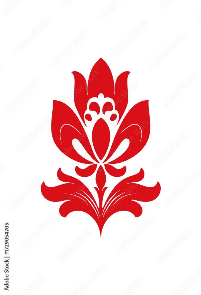 Fototapeta premium A symmetric, red floral design on a white background. Resembles a stylized flower with leaf details