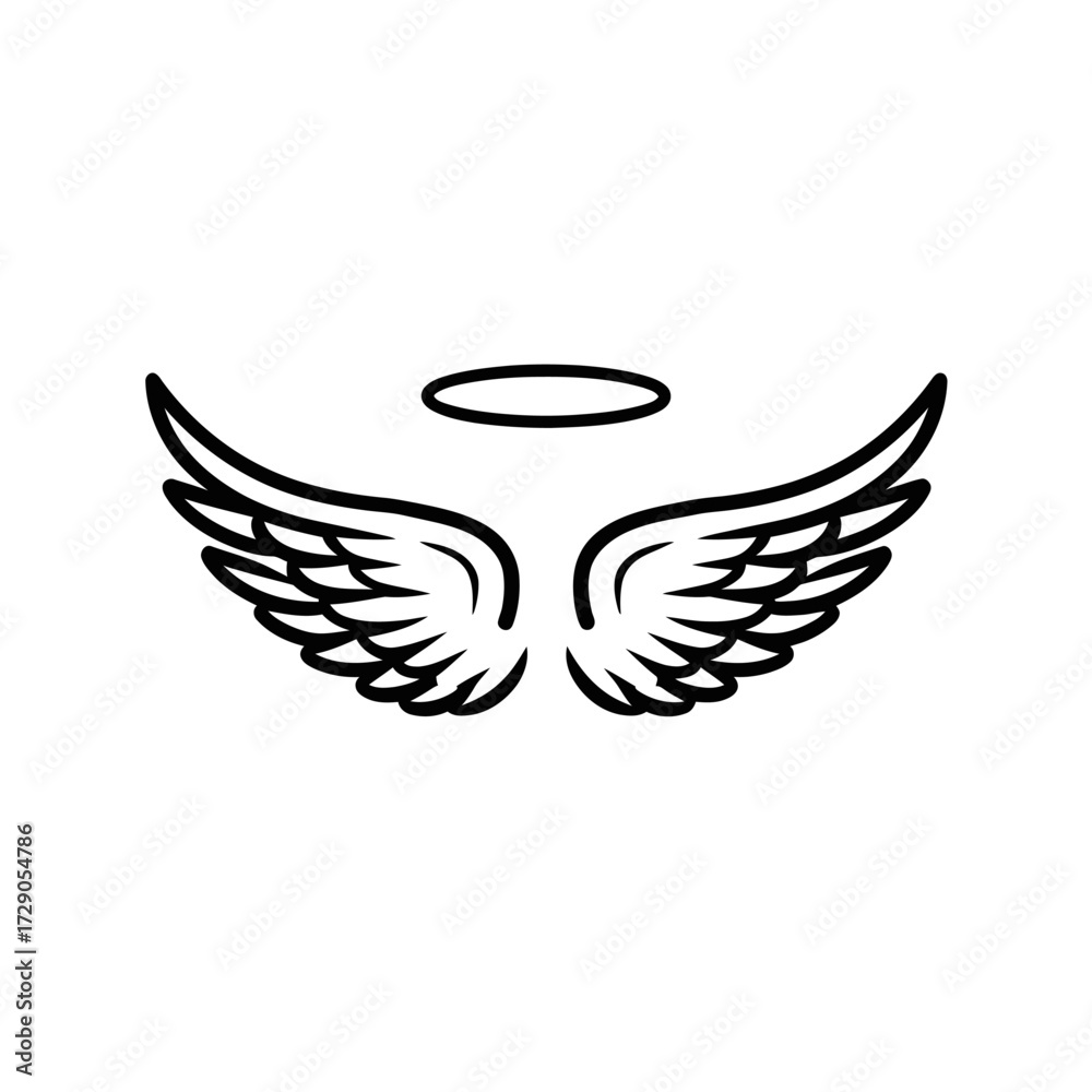 Obraz premium Black and white image featuring an angel's wings spread wide below a floating halo