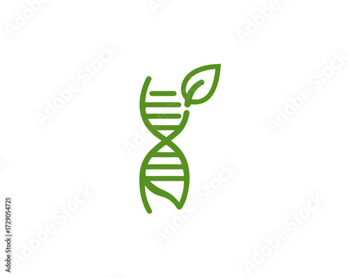 Green DNA double helix icon with a leaf incorporated. Represents nature and genetic science