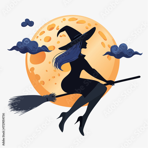 Elegant witch silhouette on a magical night flight across a luminous full moon, a charming Halloween illustration
