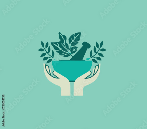 Illustration depicting hands holding a bowl with a pestle and herbs, against a turquoise background