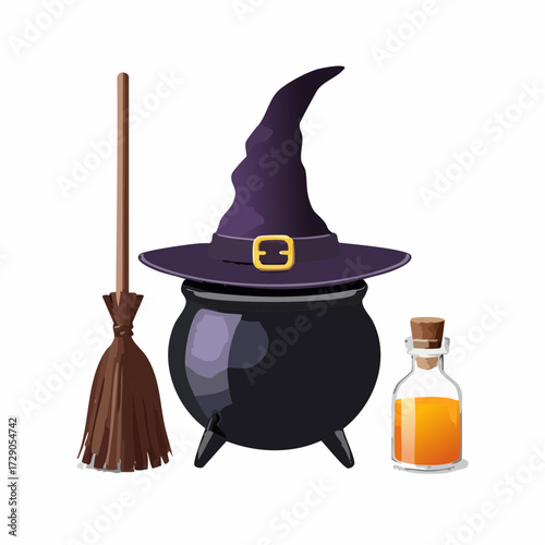 A collection of witch's tools including a purple pointed hat, a black cauldron, a magical broomstick, and an orange potion
