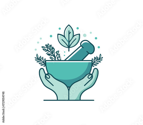 A teal illustration of a mortar and pestle surrounded by plants, held by hands in a gentle manner