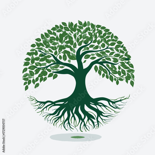 A stylized illustration features a circular tree with roots and branches, full of leaves on a white background