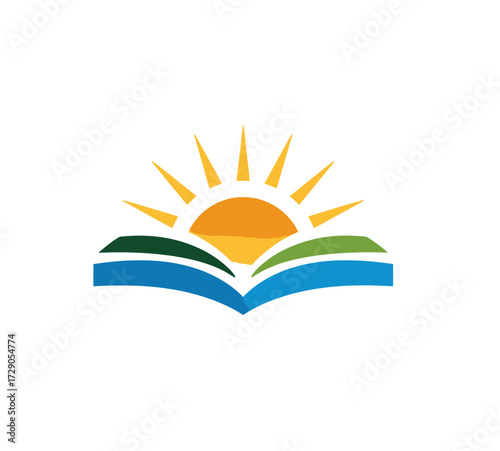 A colorful icon features an open book with a rising sun illustration, evoking learning and growth