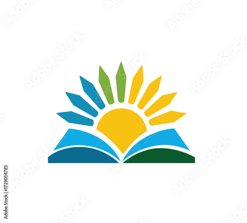 A colorful graphic depicting a book opening to reveal a vibrant sunburst