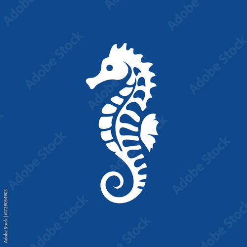 Seahorse White seahorse silhouette against solid blue background, sea creature design