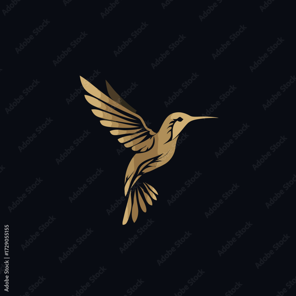 Fototapeta premium Elegant gold-toned hummingbird logo, featuring detailed wings, on a dark background. Ideal for design