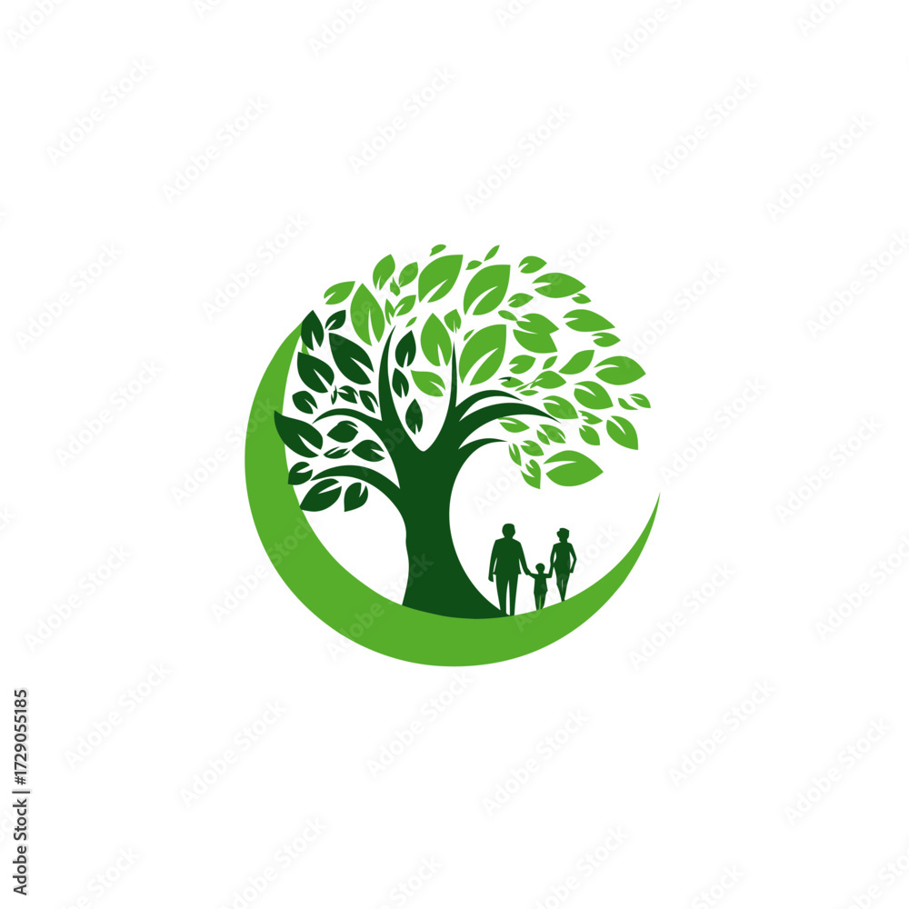 Obraz premium Family Tree Silhouetted family of three under a leafy tree inside a green circle