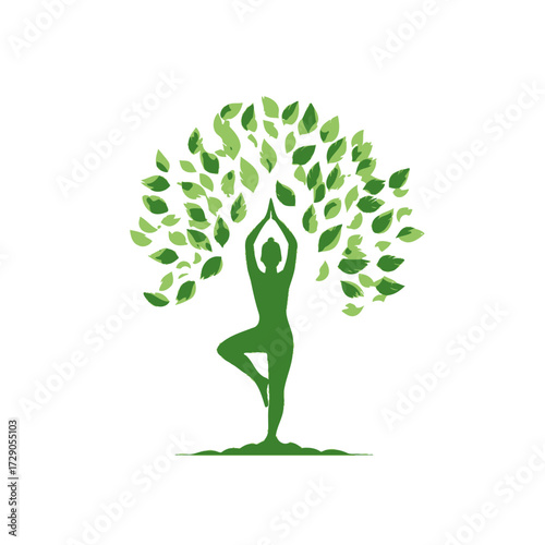 Yoga Tree Green figure balances, arms overhead, leaves as crown; health and nature