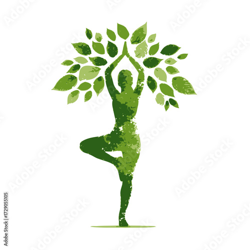 Tree Pose Silhouette Green silhouette of woman in tree pose, adorned with leafy foliage