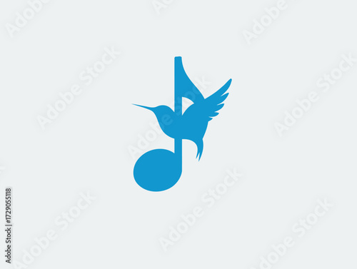 Hummingbird melody A blue bird combined with a musical note on plain background