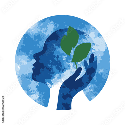 Growth Mind Water-colored image with a human figure holding a leafy sprout
