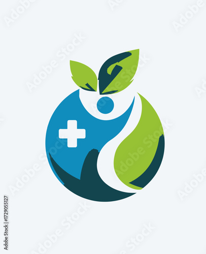 A healthy living logo in colors of green and blue, depicting leaves, a person, and a cross