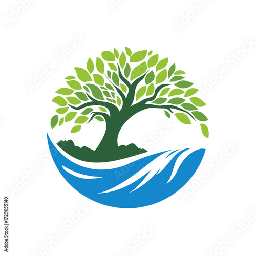 Arborvitae Aquatica Tree with green leaves and blue water in a circular shape