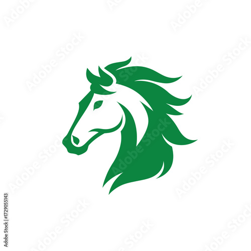 Green equine head with stylized mane, facing left on a white background