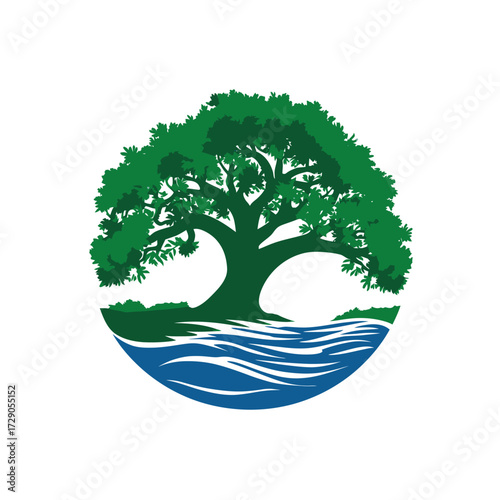 Tree on Water Green, large tree with blue water, circular in shape. Symbol