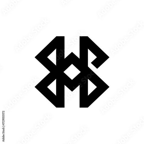 A symmetrical abstract design on a white background, crafted from thick black lines