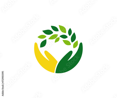 Hands cradling leaves circle, one yellow, one green,  on white background