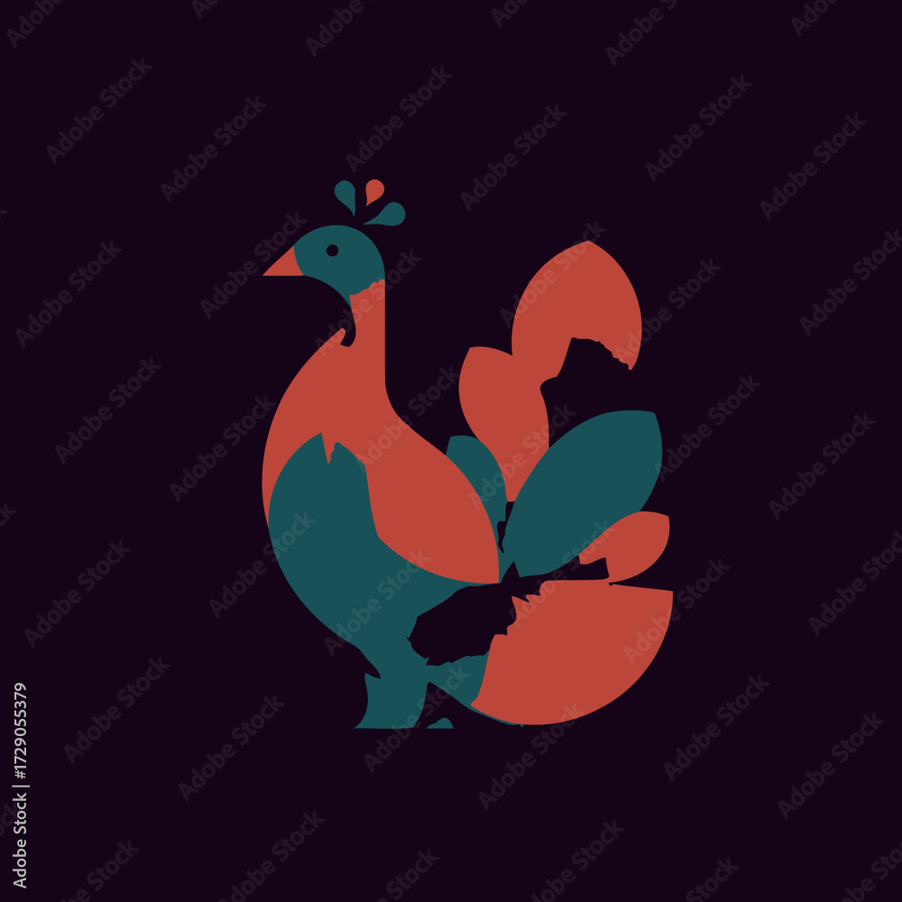 Fototapeta premium A stylized bird graphic featuring a teal head and body with orange-red features against a dark background