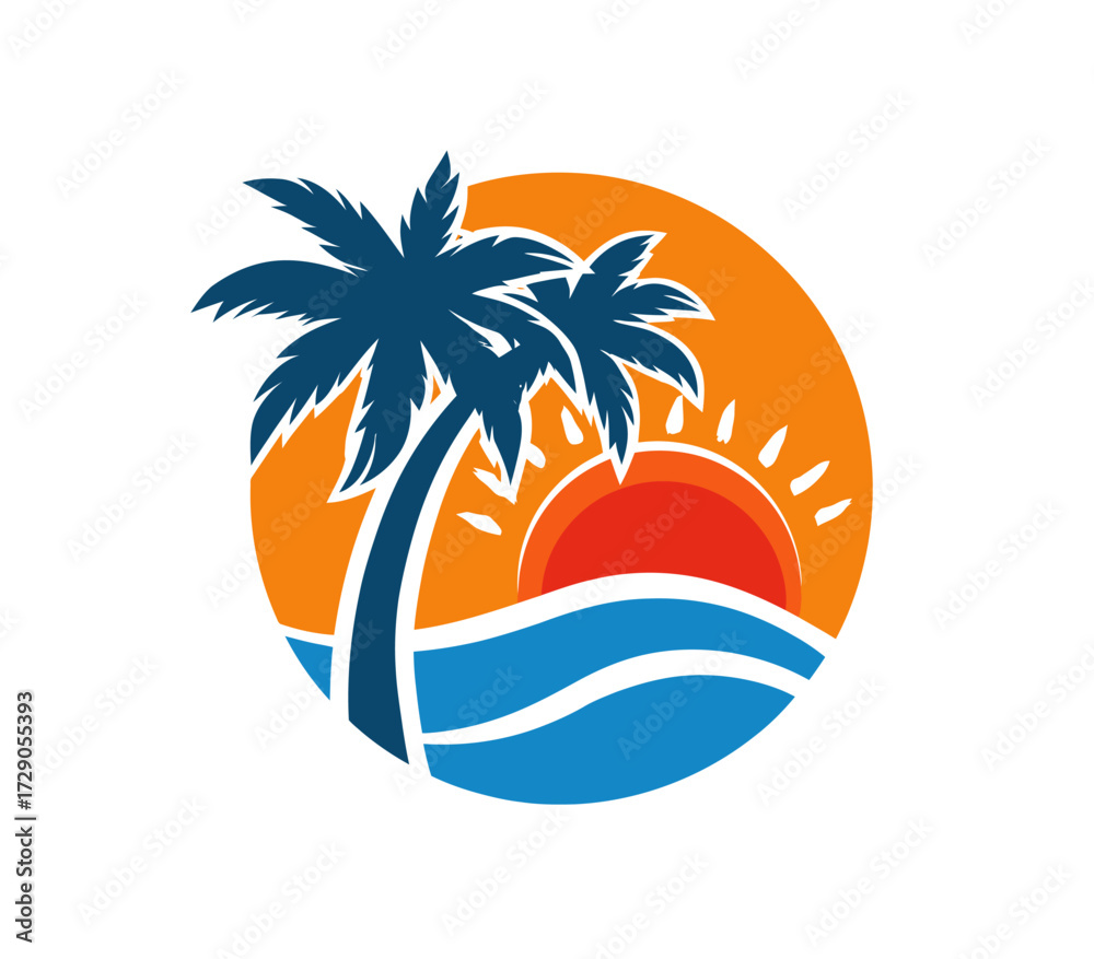 Fototapeta premium Tropical Scene Palm trees, sunset, and ocean waves on circular orange background