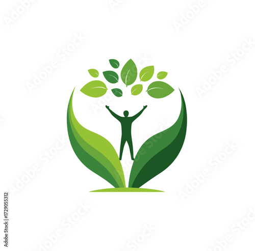 A person with raised arms under leaves within a green design, expressing growth and vitality