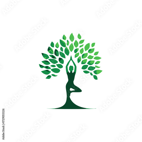 Yoga Tree Silhouette of person in yoga pose as tree trunk, green leaves above