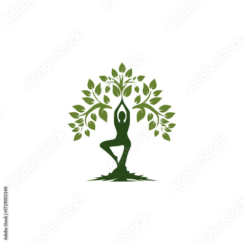 Yoga Pose Tree Silhouette in yoga tree pose with lush green leaves and branches