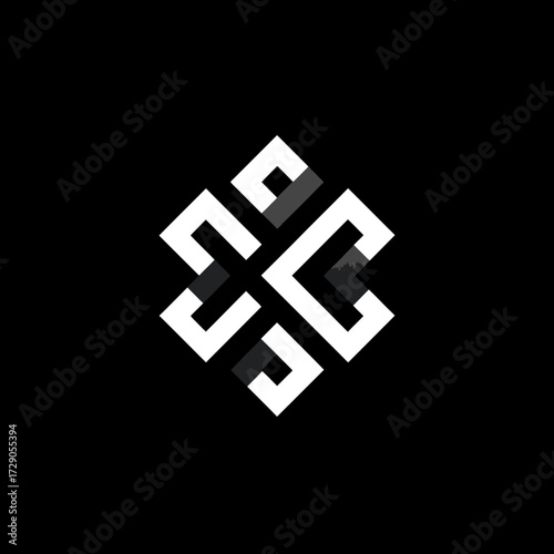 An abstract black and white design featuring a geometric cross-like shape. It is symmetrical with white lines