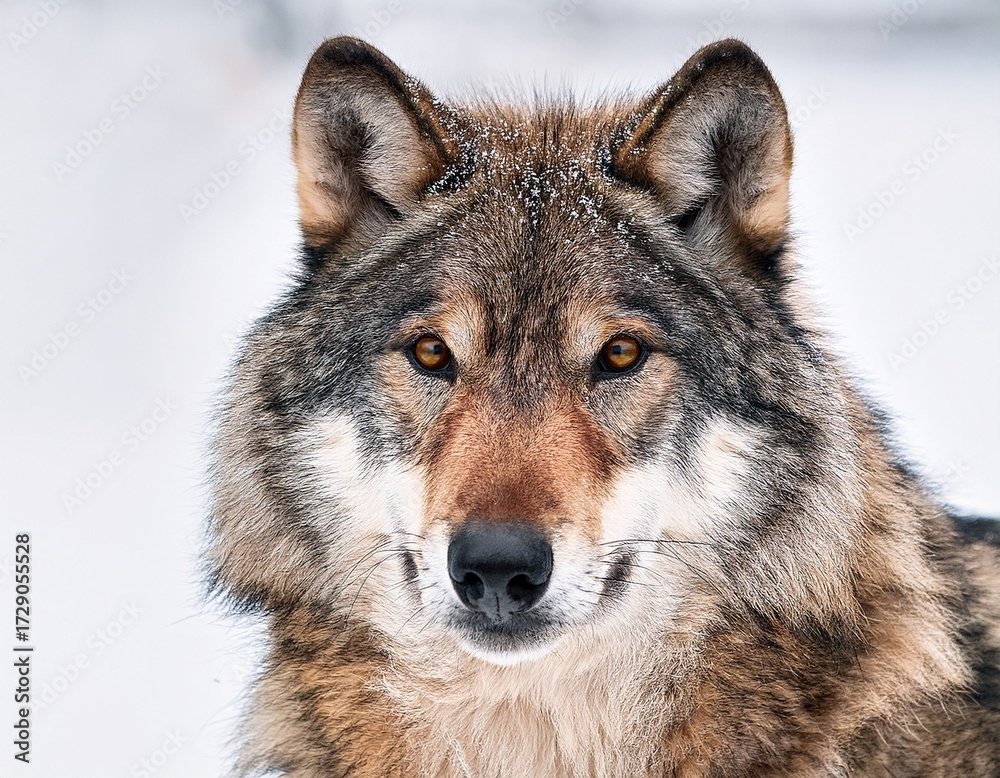 Fototapeta premium wolf face close up in soft focus against a snowy white background