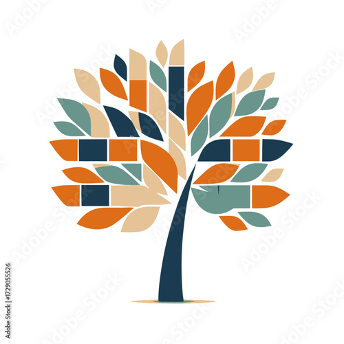 A stylized tree with abstract leaf shapes in various colors against a white backdrop