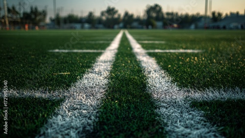 Professional football field with green grass, yard markers, goal line, and endzone ready for competitive game play
