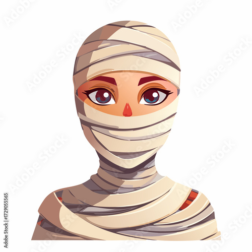 Cute female mummy character with big eyes, an ancient Egyptian monster concept for a Halloween party avatar