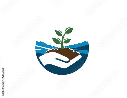 A hand cradles a growing plant; scenery encompasses the base, all within a circular shape