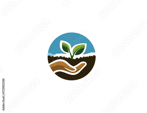 Circular graphic of a sprouting plant in soil, held by a stylized hand with sky in the background