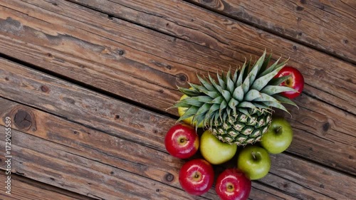 Fresh fruits arranged on wooden table creating a colorful and vibrant display of apples and pineapple