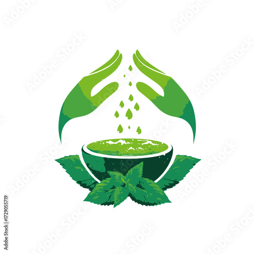 An image depicts a bowl with green liquid below hands with falling droplets, over mint leaves
