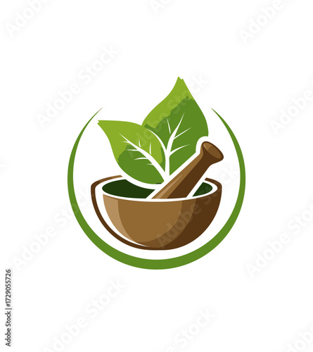 A stylized graphic featuring a mortar and pestle, fresh leaves, and a surrounding green circle