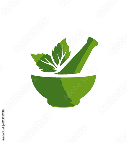A green stylized image of a mortar and pestle with leaves, representing herbal medicine or natural remedies