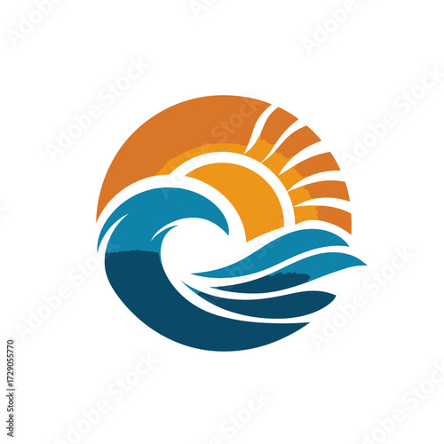 Wave and Sun Stylized blue waves crash under a warm, stylized orange sun