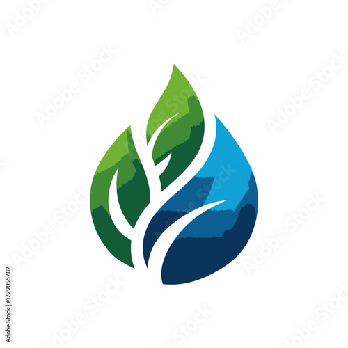 Water drop with green leaves and branches design on a white background