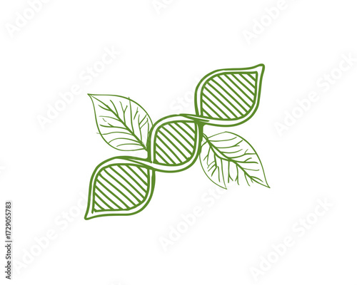 A green botanical symbol with a DNA strand core and stylized leaves